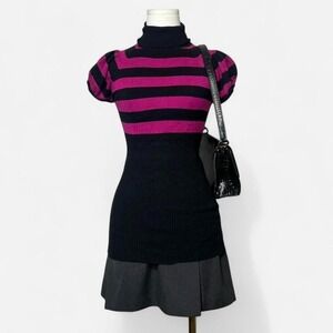 Vintage Y2K Striped Turtleneck Short Sleeve Knit Sweater Womens S Alt Emo Goth